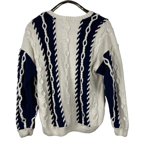 TALBOTS VINTAGE HAND KNIT COTTON NAUTICAL COLORBLOCK CABLE KNIT CREW SWEATER - Picture 4 of 12